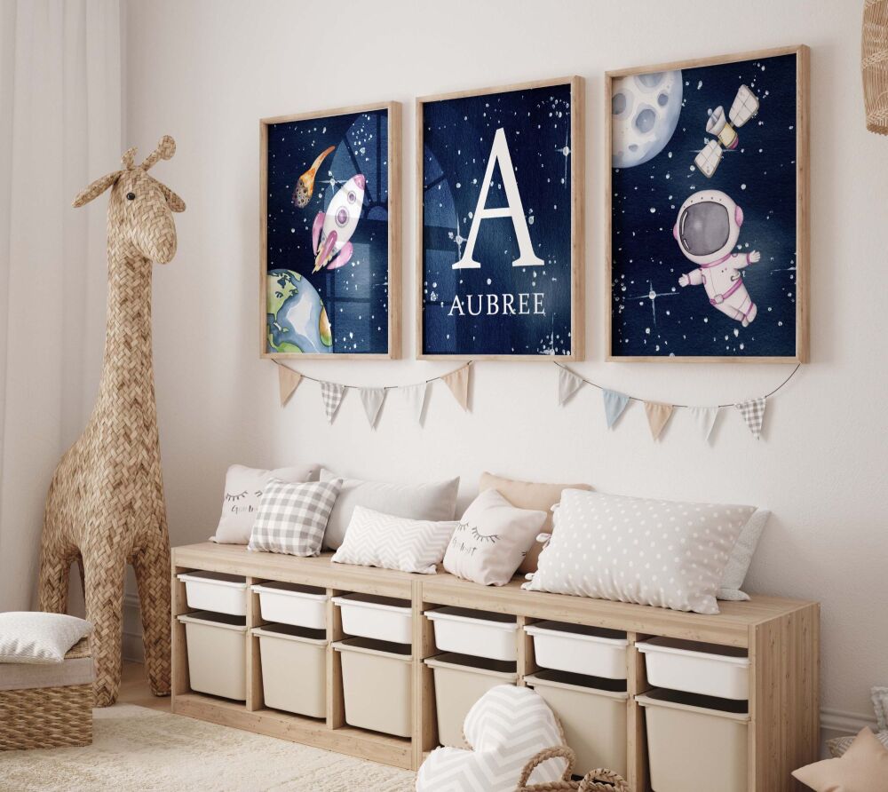 Personalised Space Set of 3 Wall Art Prints, Nursery Decor, Girls' Bedroom Decor, Space Decor, Solar System Prints, Girly Bedroom Prints