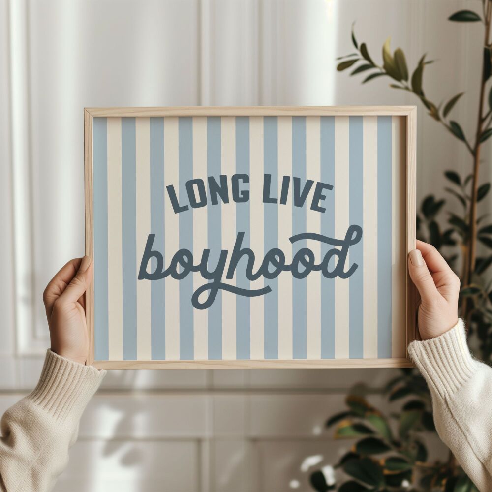 Blue Long Live Boyhood Stripe Print, Boy Nursery Decor, Kids Room, Play Room Wall Decor, Quote Kids Wall Art, Unframed Print