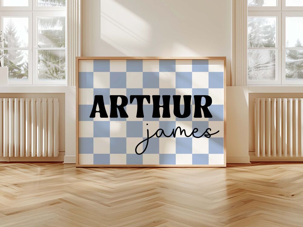 Personalised Full Name Print, Checkerboard Modern Wall Art, Boys & Girls Bedroom Nursery Decor, Unframed Nursery Wall Art Print