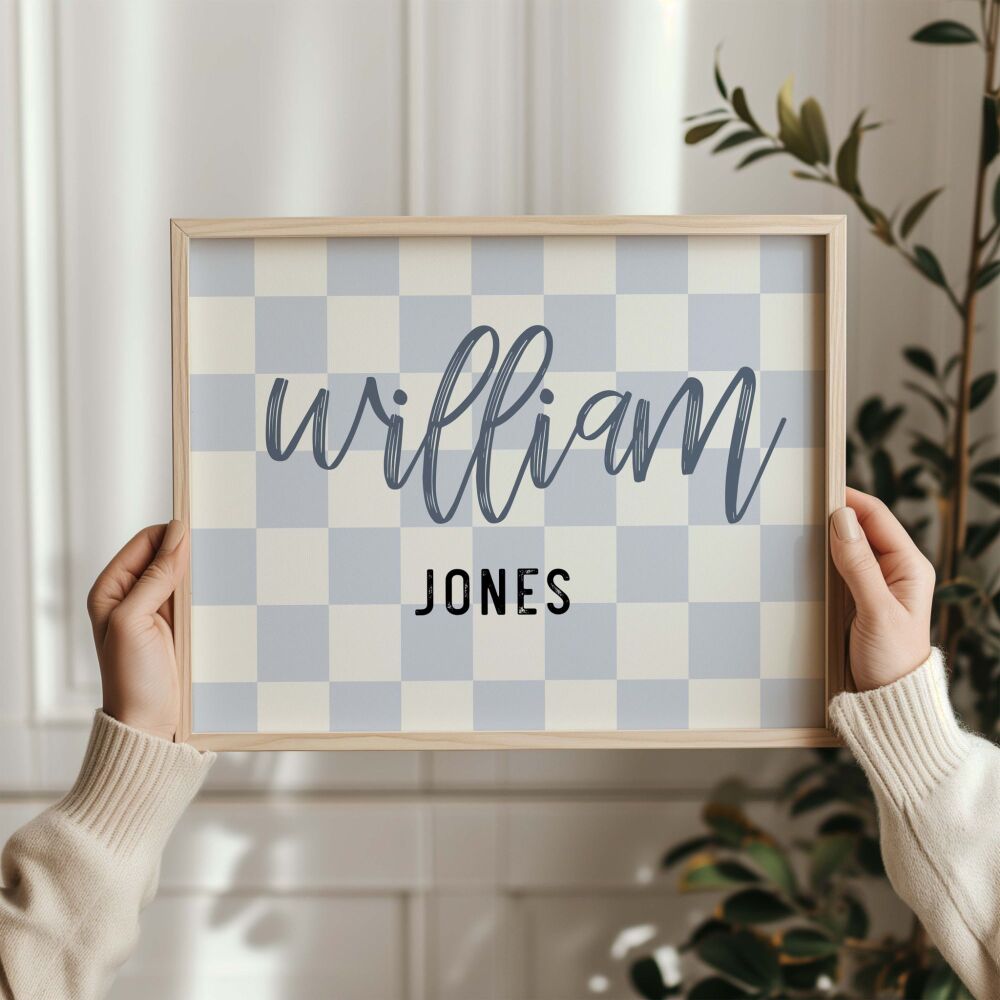 Personalised Blue Checkered Name Print, Boy Nursery Decor, Kids Room, Play Room Wall Decor, Quote Kids Wall Art, Unframed Print