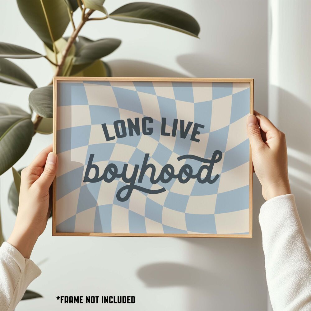 Blue Long Live Boyhood Wavy Checkered Print, Boy Nursery Decor, Kids Room, Play Room Wall Decor, Quote Kids Wall Art Unframed Wall Art Print