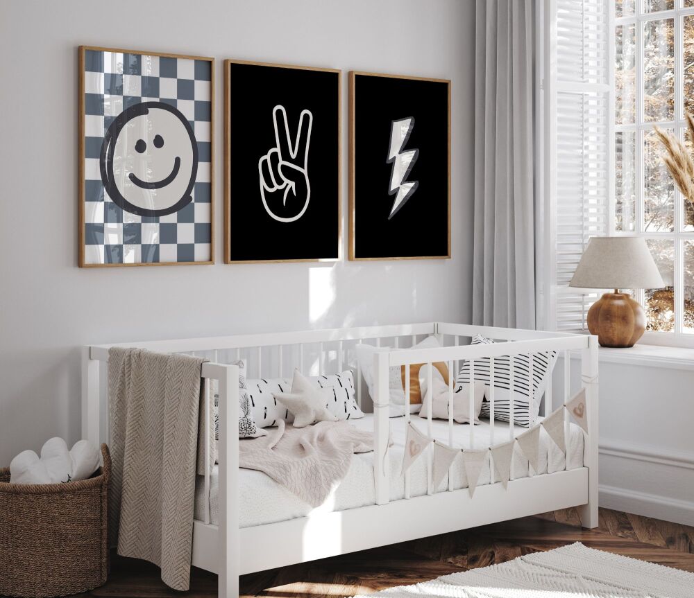 Boys Nursery Wall Art Set of 3 Prints – Lightning Bolt, Smiley Face & Peace Sign – Playroom, Kids Room, Boy-Themed Nursery Décor