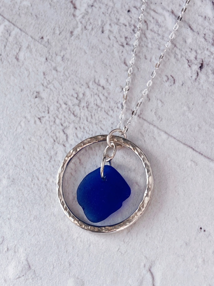 Tidal Blue Sea Glass and Silver Halo Necklace