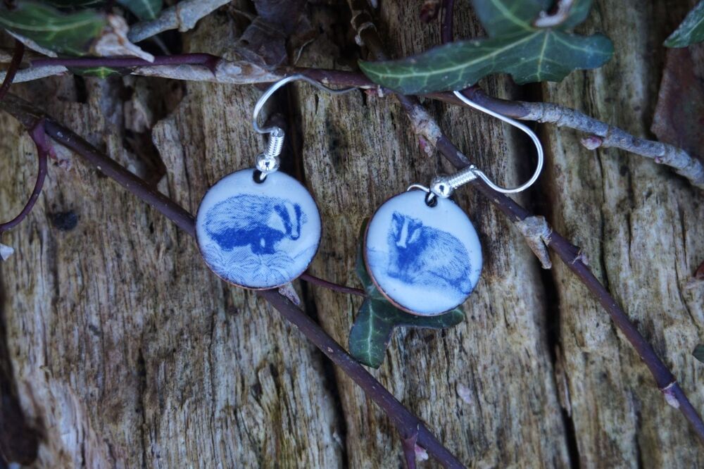 Blue Enamel Badger Earrings