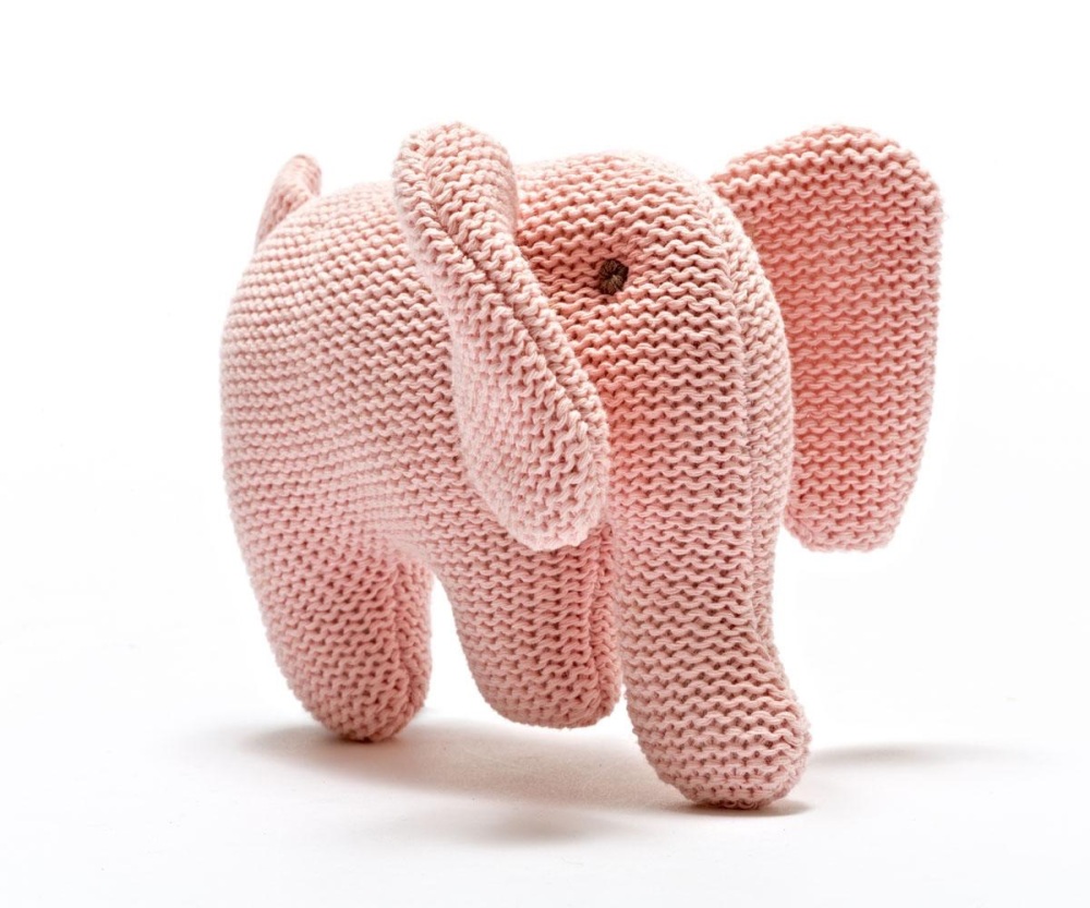 KNITTED ORGANIC COTTON PINK ELEPHANT BABY RATTLE