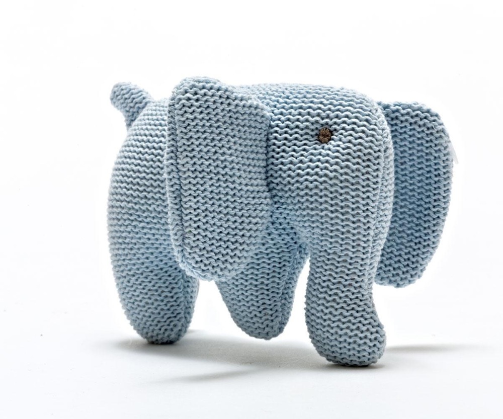 KNITTED ORGANIC COTTON BLUE ELEPHANT BABY RATTLE