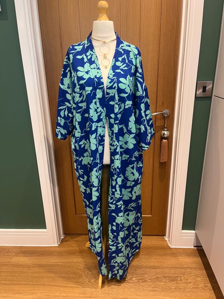 Long Kimono Gown | Abstract blue aqua print | One Size