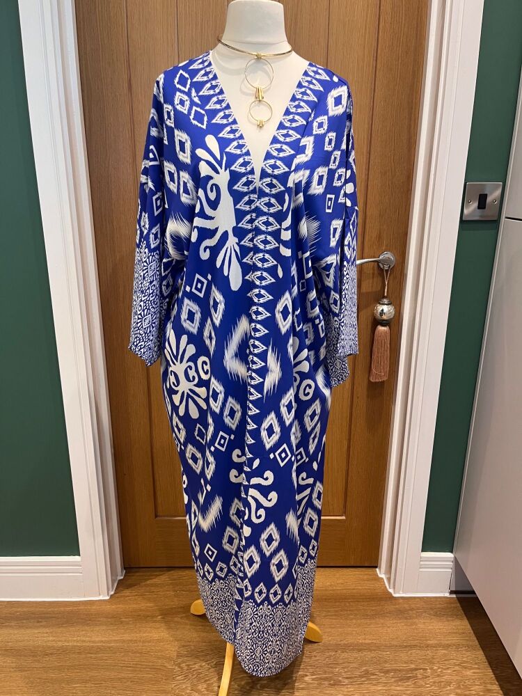 Long Kimono Gown | Blue and white Ikat print | One Size