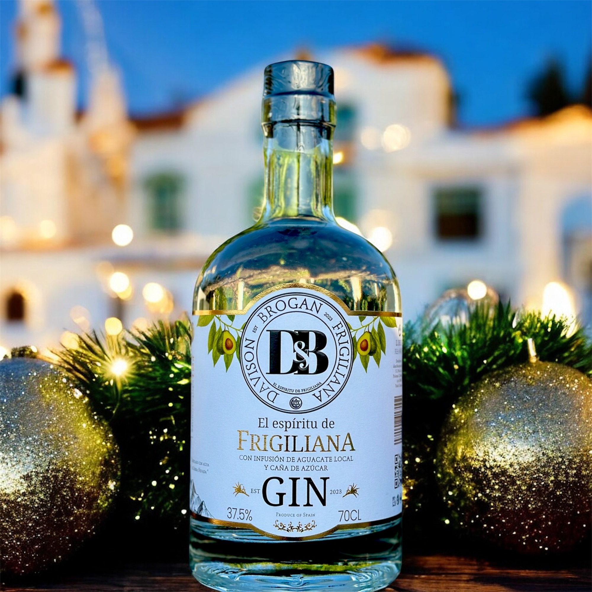 Davison & Brogan Premium Gin bottle with Frigiliana's white-washed village
