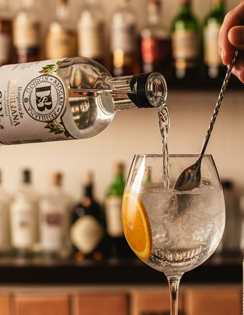 The perfect gin pour using a cocktail spoon into a balloon glass