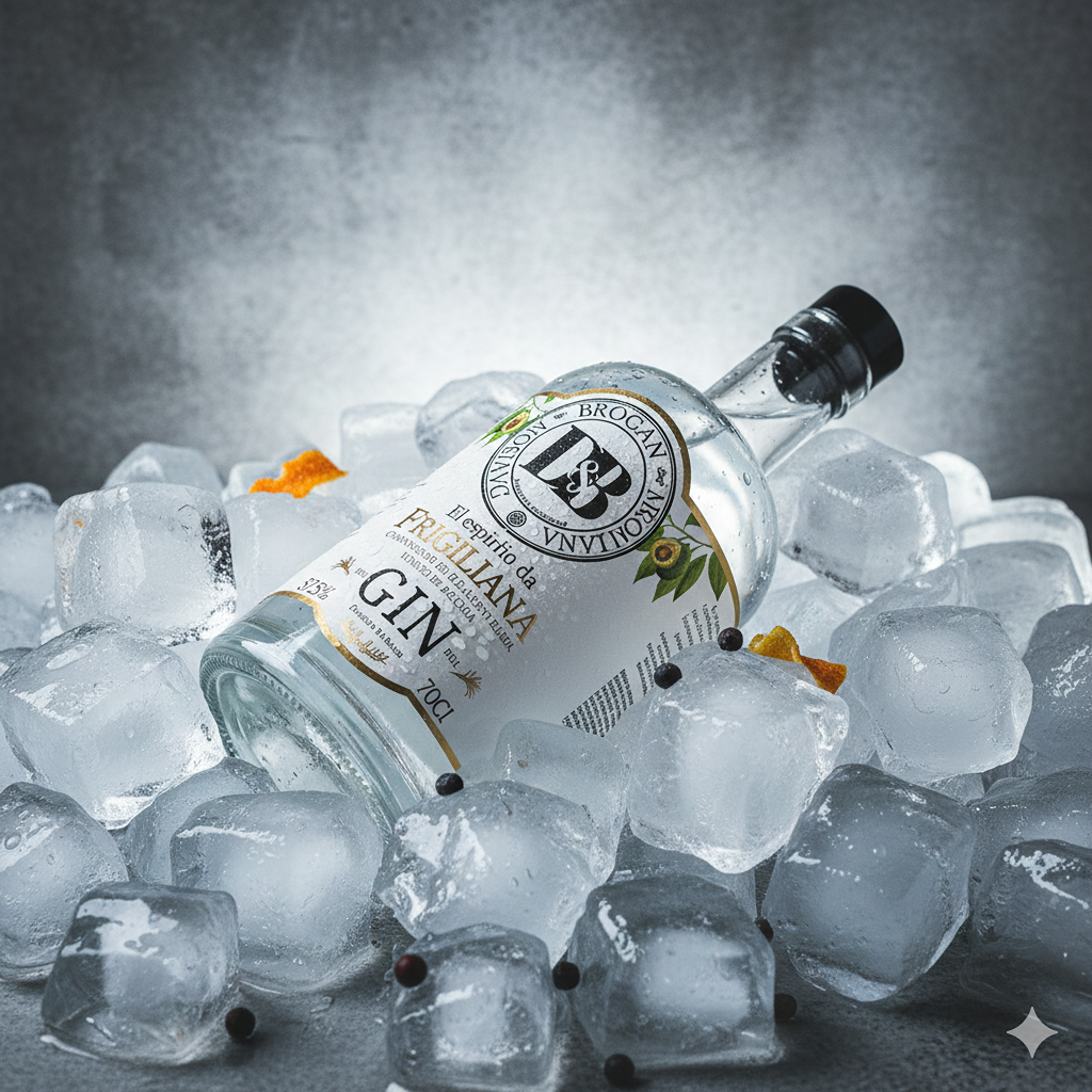 Premium Davison & Brogan gin bottle on large ice cubes Frigiliana