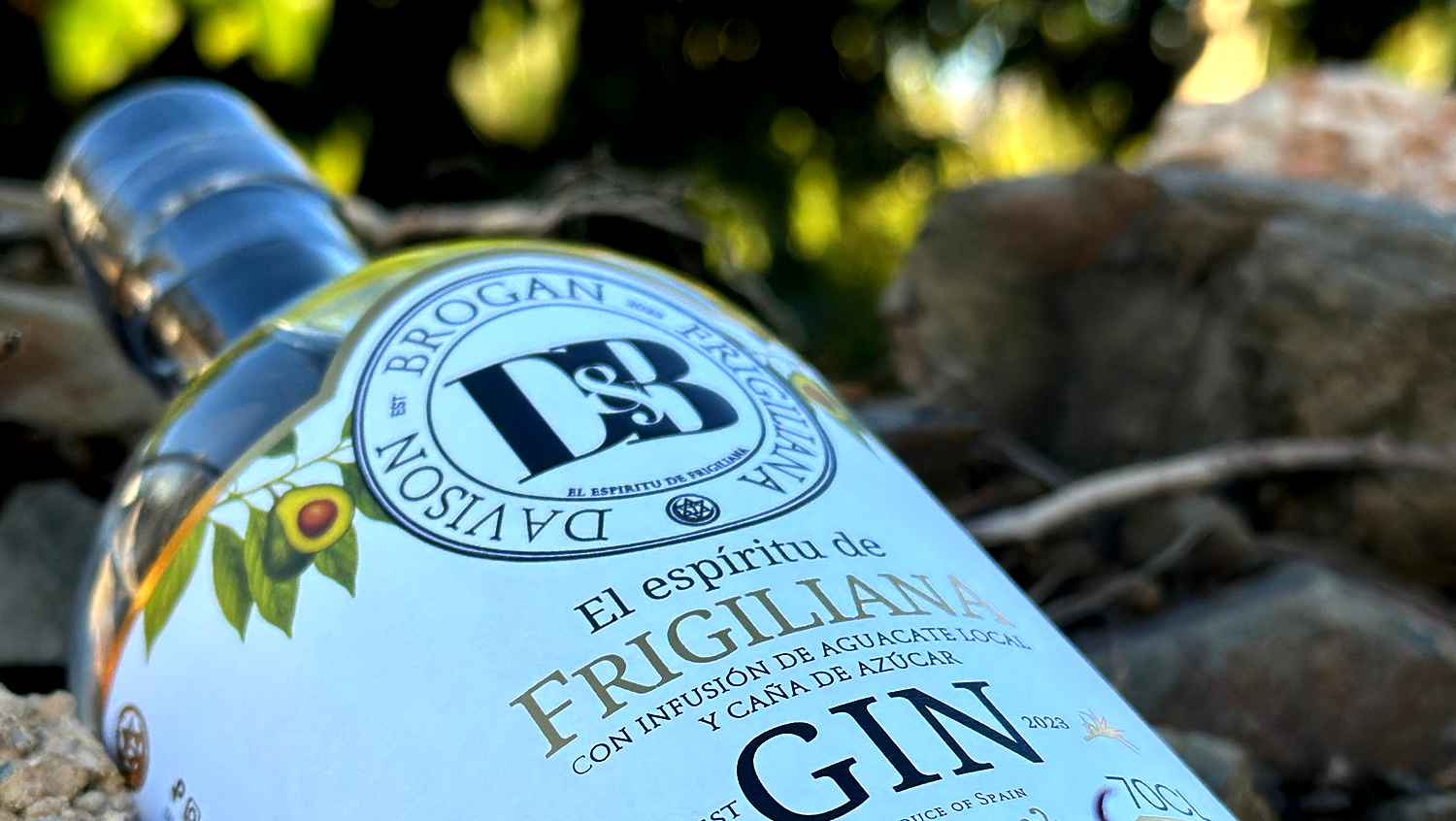 Davison & Brogan Avocado Gin bottle in a landscape setting with halved organic avocados and sugar cane, overlooking the white village of Frigiliana and the Mediterranean coastline at sunset.