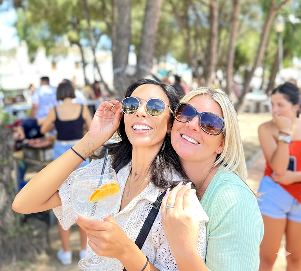 Two women enjoying Davison & Brogan avocado gin at a local community party in Frigiliana, highlighting the vibrant social life and Northern hospitality in Spain.