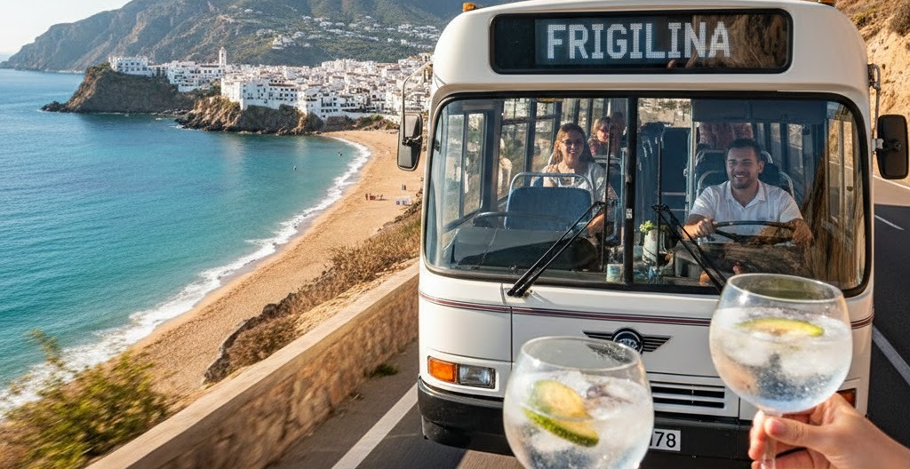 A toast with two glasses of Davison & Brogan gin in front of the white Frigiliana bus, with Burriana Beach and the Nerja coastline in the background.