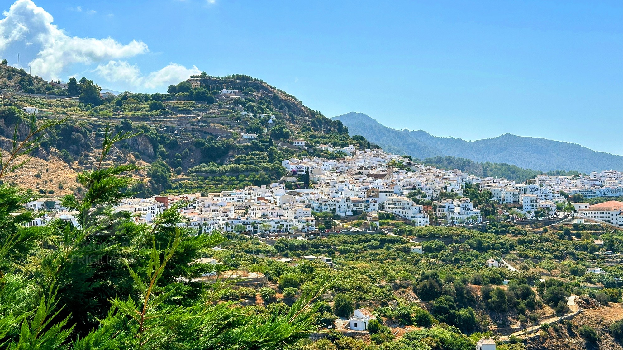 A panoramic photo with the village of Frigiliana in the distance, blue skies, mountain views