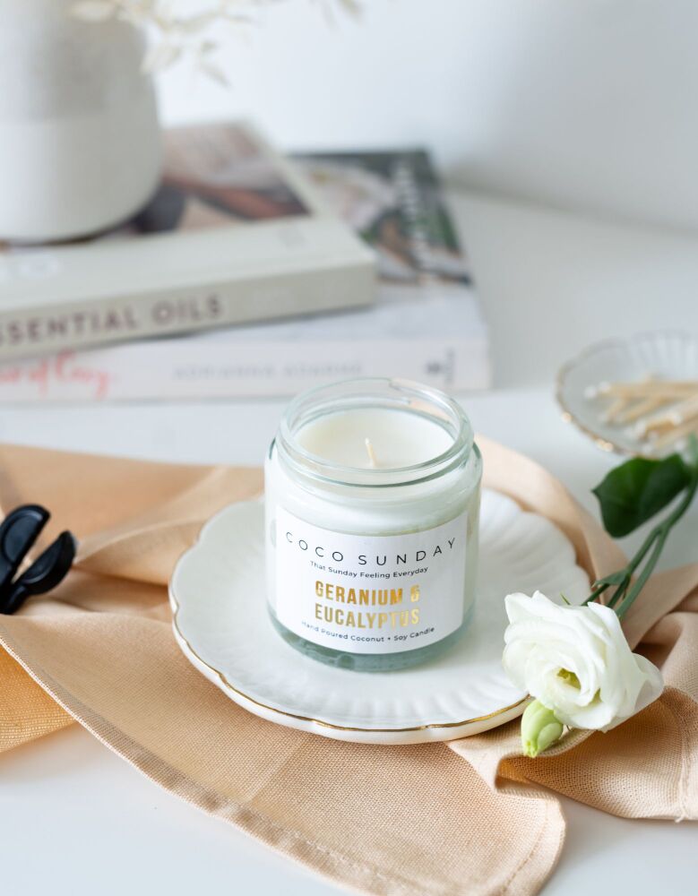 <!-- 00 -->Geranium & Eucalyptus Coconut + Soy Wax Small Candle