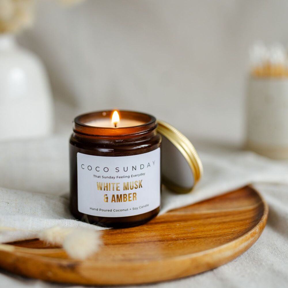 White Musk & Amber Coconut + Soy Wax 120ml Candle