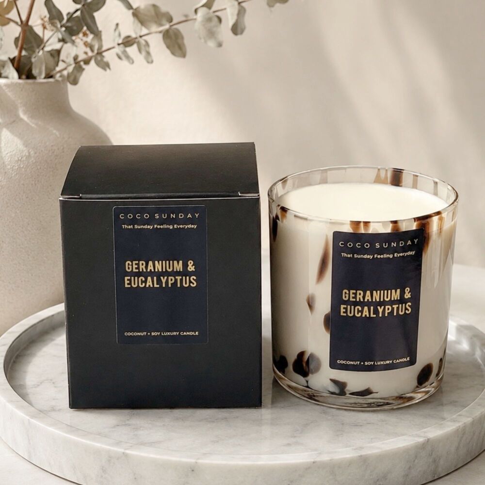 Geranium & Eucalyptus Luxury Dalmation Print Coconut + Soy Wax Candle