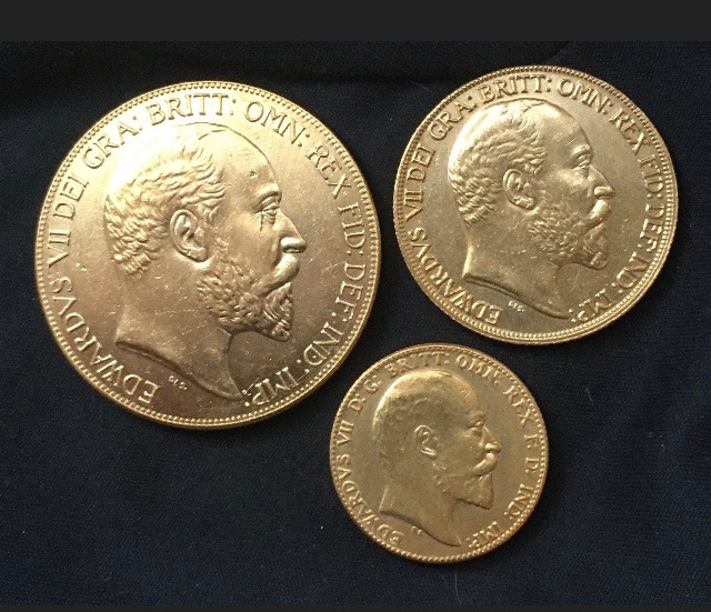Set of Edward V11 *1902* Sovereign - Double Sovereign - Five Pounds / 24kt Gold Plated / British Coins