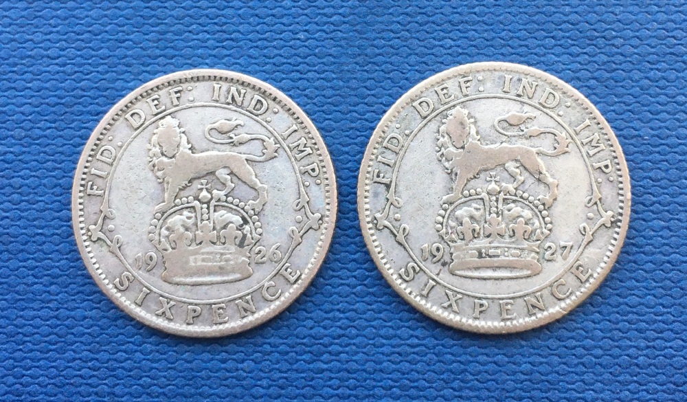 George V *1926* & *1927* Sixpences - Original British Coins - GVF