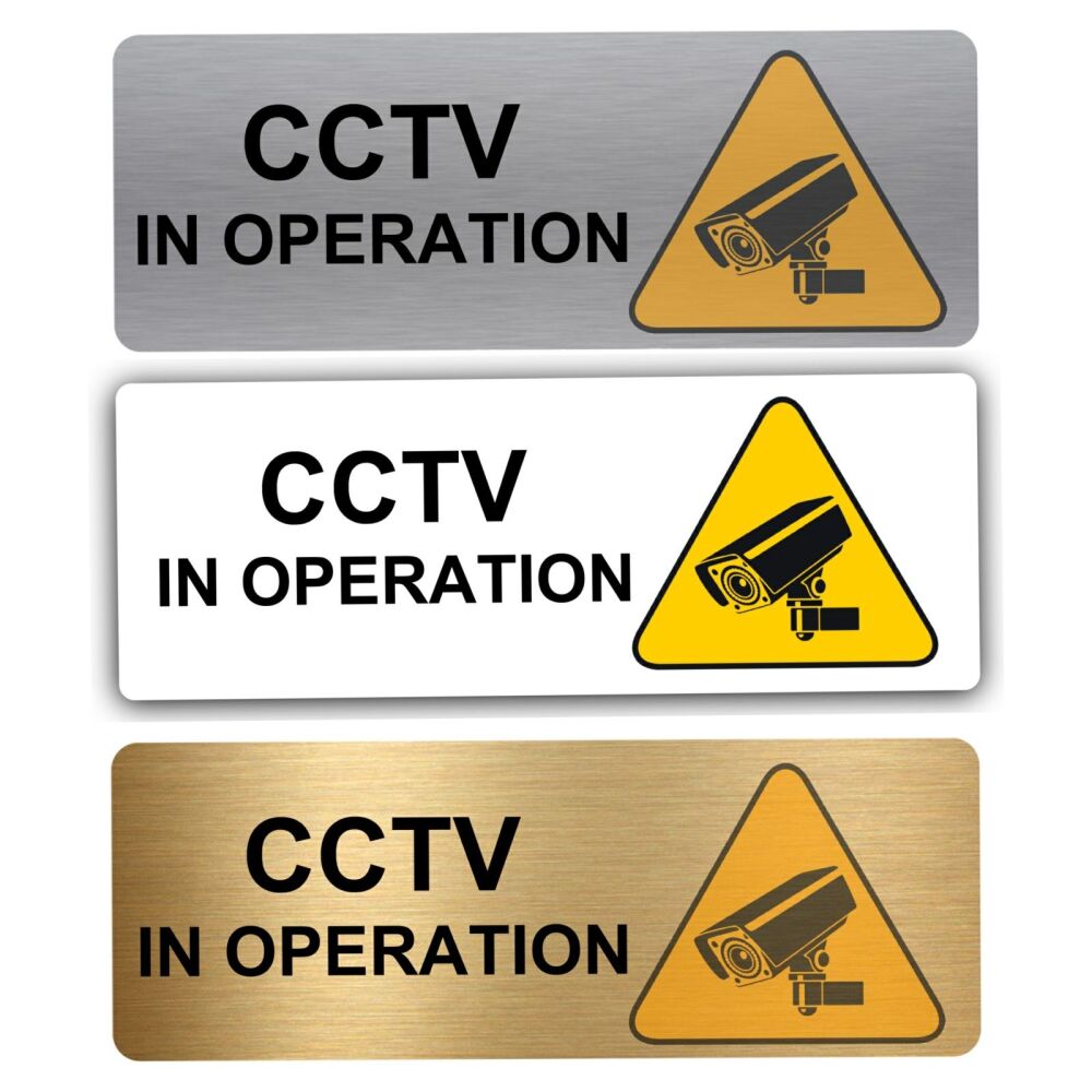 Metal CCTV in Operation Sign Camera Image Logo Aluminium Tin Door Notice Warning Safety Recording Security Office Shop Hotel Silver Gold White