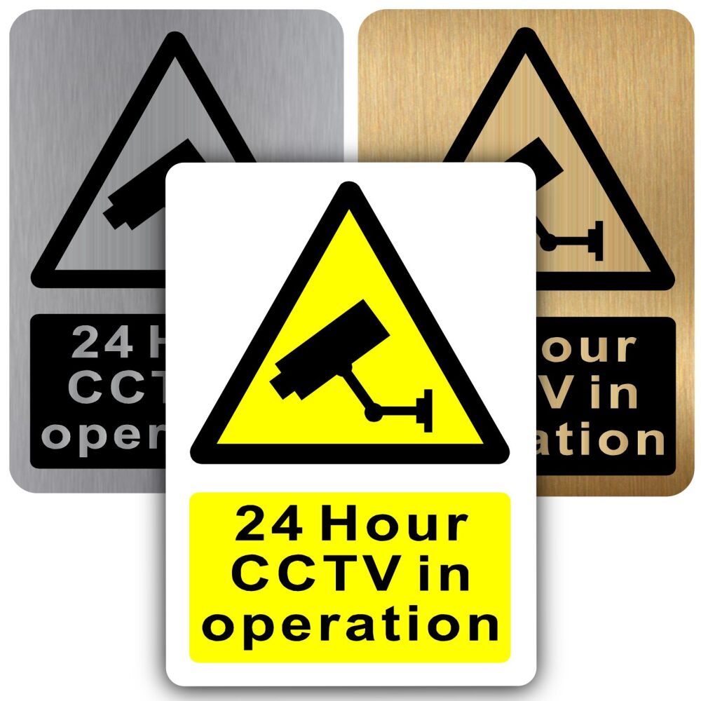 Metal 24 Hour CCTV in Operation Sign Camera Image Logo Aluminum Tin Door Notice Warning Safety Recording Security Office Shop Hotel Silver Gold White