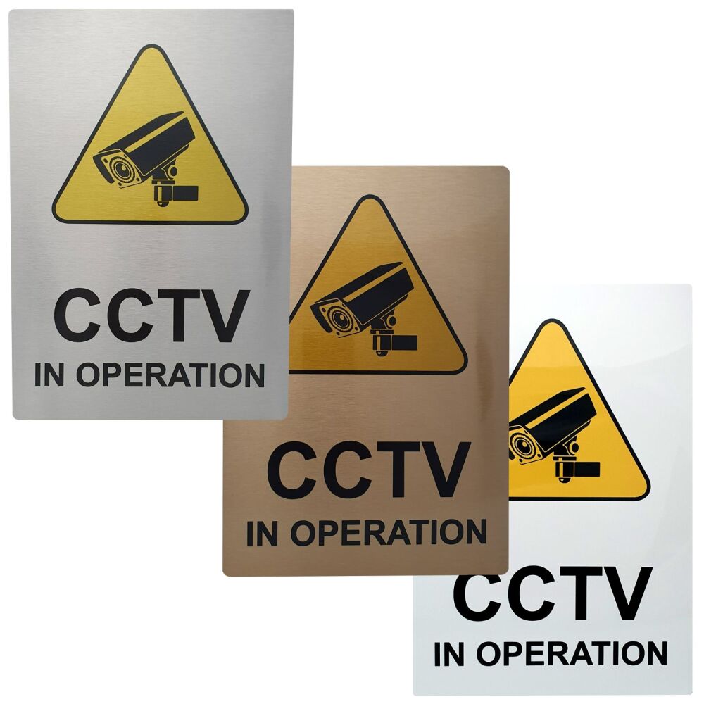 Metal CCTV in Operation Sign Camera Image Logo Aluminum Tin Door Notice Warning Safety Recording Security Office Shop Hotel Portrait Silver Gold White