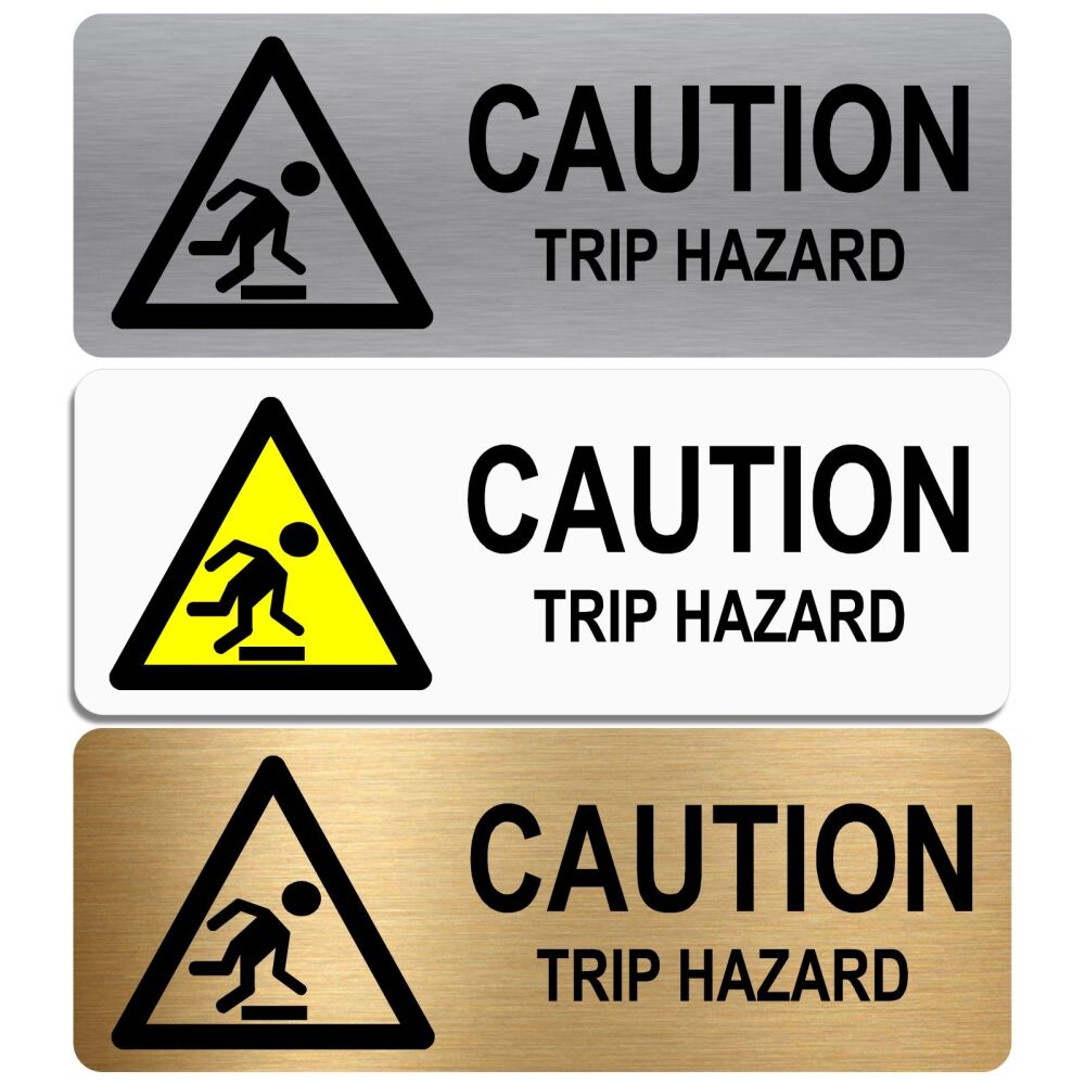 METAL Trip Hazard Warning Sign Caution Logo Aluminum Tin Door Notice Health and Safety Office Shop Hotel Step Stairs Warehouse Silver Gold White