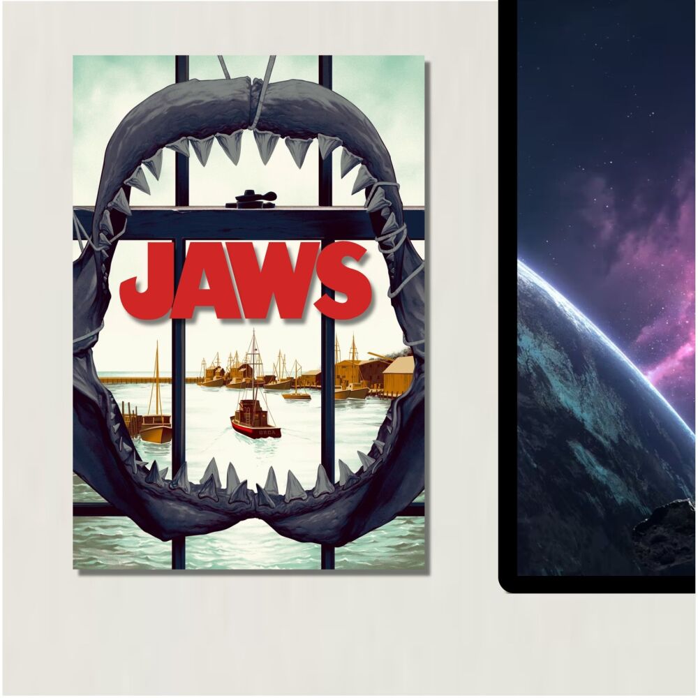 METAL Jaws Movie Poster Shark Horror Sign Tin Aluminum Plaque Cinema Film Living Room Bedroom Display Wall Art Door Man Cave Orca Teeth