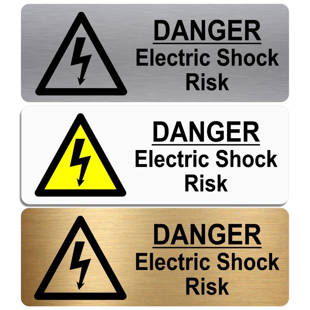 METAL Danger Electric Shock Risk Sign Hazard Warning Caution Voltage Aluminum Tin Electrician Electrical Notice Health Safety Office Silver Gold White
