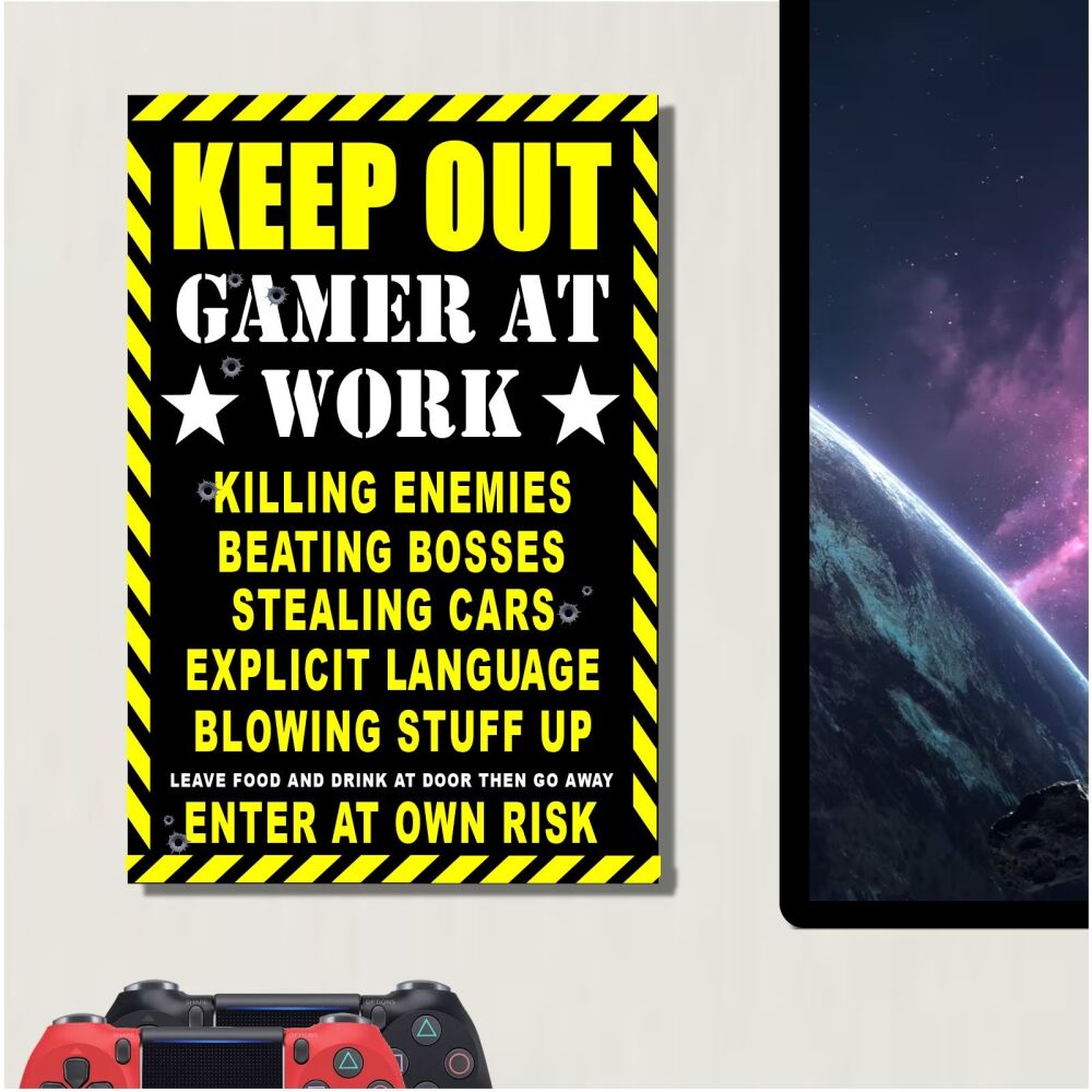 METAL Sign Keep Out Gamer at Work Enter Own Risk Gaming Poster Games Tin Aluminum Plaque Cinema Film Living Bedroom Computer PC Wall Art Door Man Cave