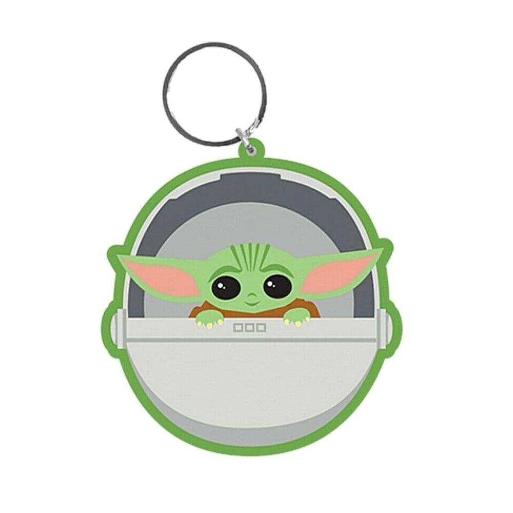 Grogu Keychain Star Wars Mandalorian Pram The Child Baby Yoda Bag Tag Rubber Keyring Car Key Split Ring Holder Chain Luggage Fob Identification