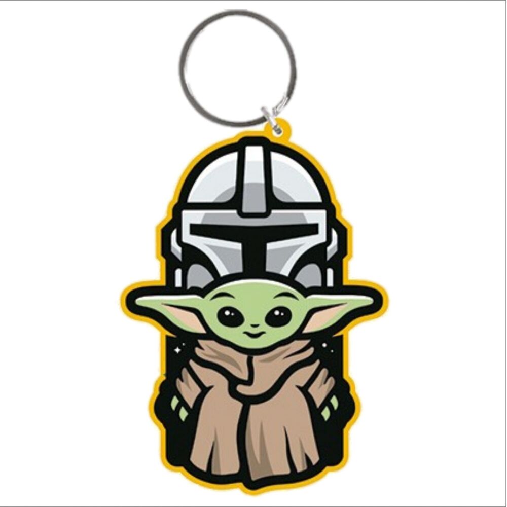 Grogu and Mandalorian Keychain Star Wars The Child Baby Yoda Bag Tag Rubber Keyring Car Key Split Ring Holder Chain Luggage Fob Identification
