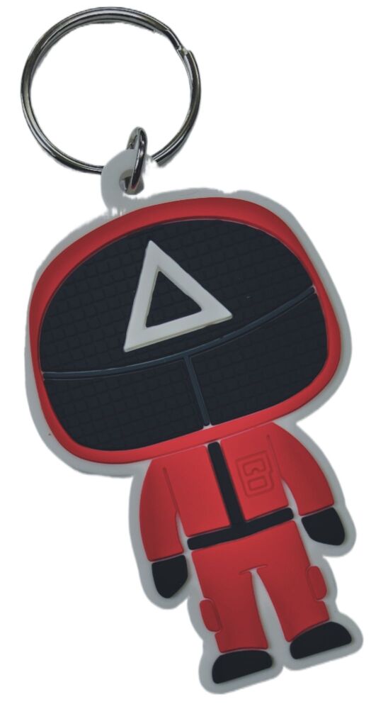 Squid Game Triangle Guard Keychain Netflix Bag Tag Rubber Keyring Car Key Split Ring Holder Chain Luggage Fob Identification