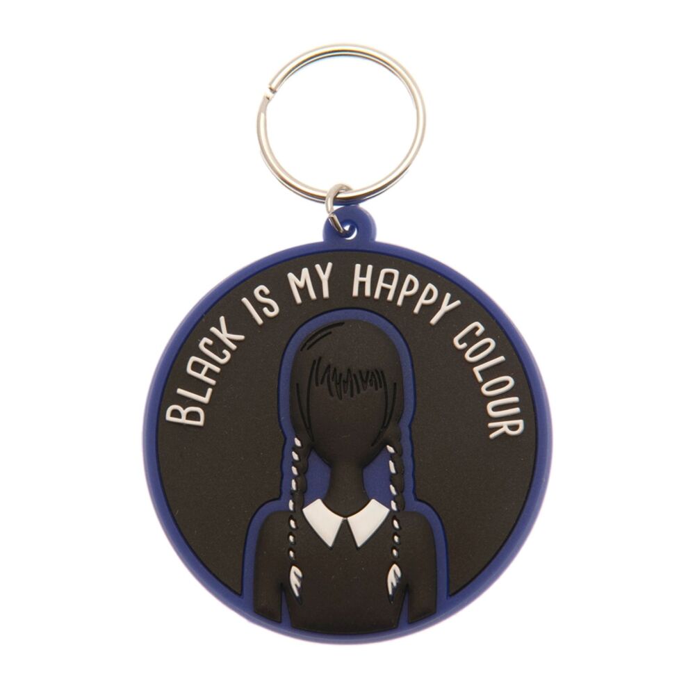 Wednesday Keychain Addams Family Black is My Happy Colour Bag Tag Rubber Keyring Car Key Split Ring Holder Chain Luggage Fob Identification
