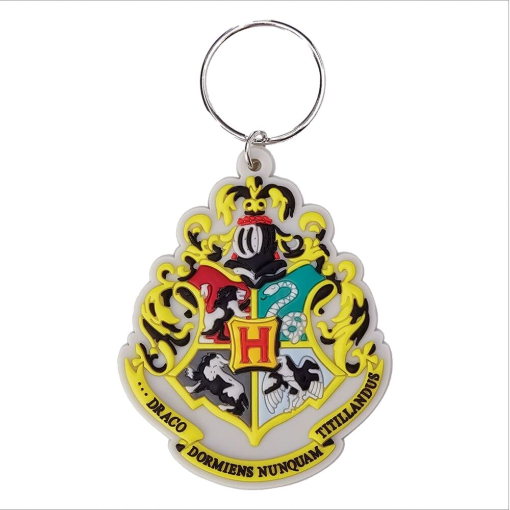 Hogwarts Crest Keychain Harry Potter Wizard Bag Tag Rubber Keyring Car Key Split Ring Holder Chain Luggage Fob Identification Suitcase