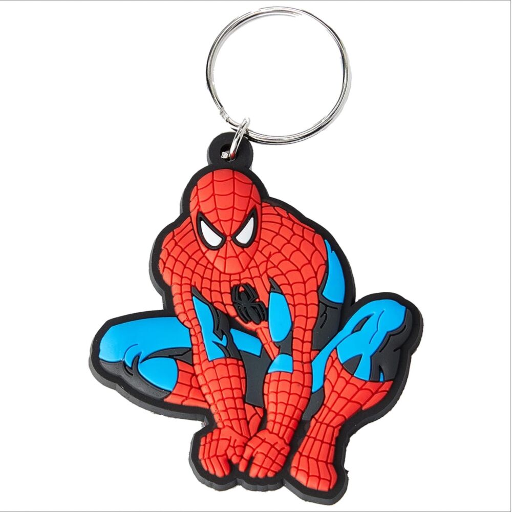 Spider-Man Head Keychain Marvel Comics Superheroes Avengers Bag Tag Rubber Keyring Car Key Split Ring Holder Chain Luggage Fob Identification Crouched