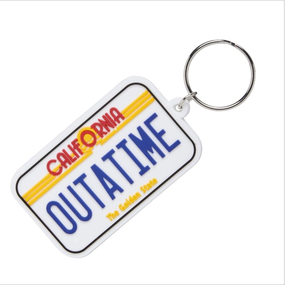 Outta Time Keychain Back to the Future DeLorean License Plate Bag Tag Rubber Keyring Car Key Split Ring Holder Chain Luggage Fob Identification
