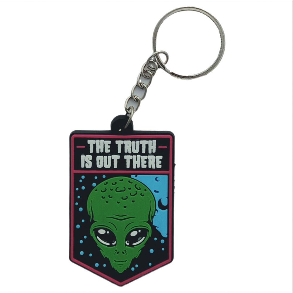The Truth is Out There Keychain Area 51 Alien Conspiracy Bag Tag Rubber Keyring Car Key Split Ring Holder Chain Luggage Fob Suitcase Identification