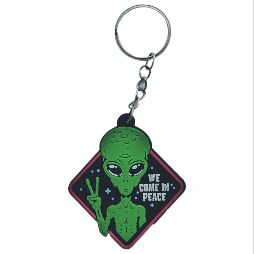 We Come in Peace Keychain Area 51 Alien Conspiracy Bag Tag Rubber Keyring Car Key Split Ring Holder Chain Luggage Fob Suitcase Identification