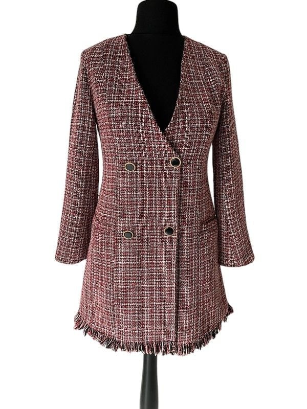 Warehouse size 10 red & white tweed style long sleeve coat