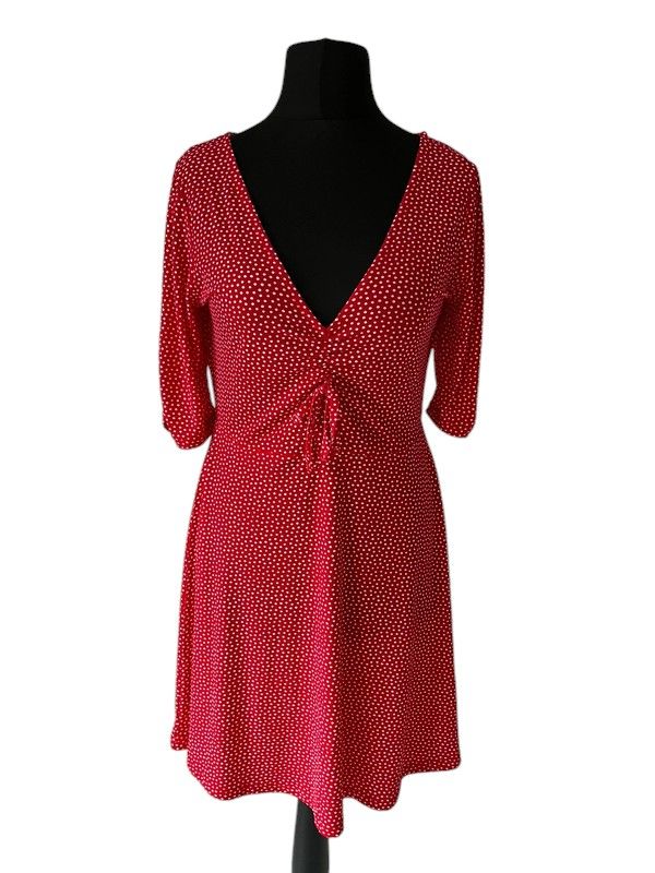 Oasis size 12-14 red & white polka dot v neck dress