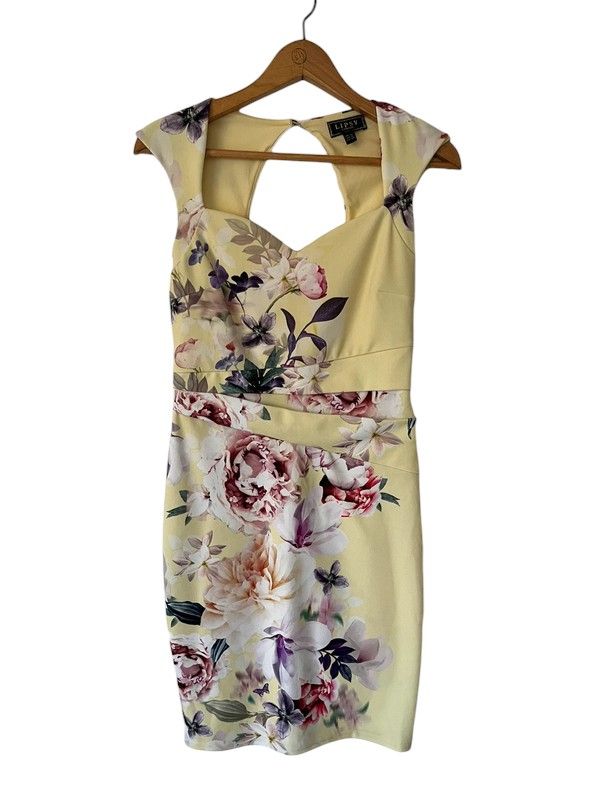 Lipsy size 10 light yellow floral print pencil dress