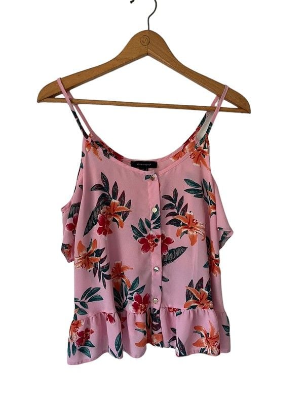 Size 12 pink floral print cold shoulder sun top