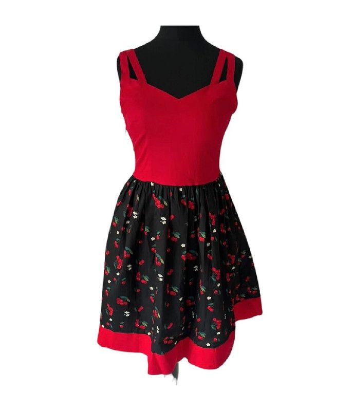 New Size 10-12 Vintage style black & red cherry print fit & flare dress