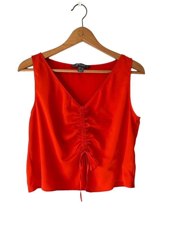 Size 16 sleeveless Orangy Red rouched front top