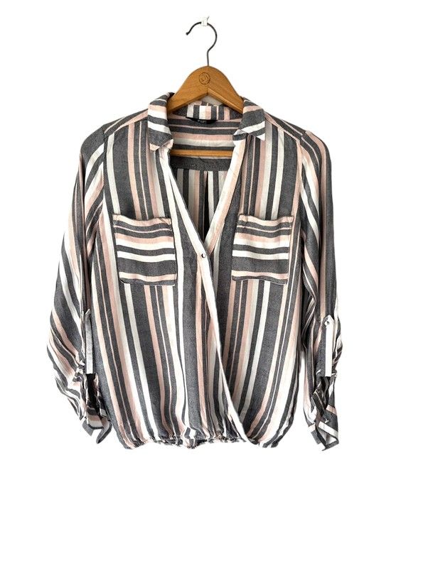 Size 6 pink, grey & white striped long sleeve shirt