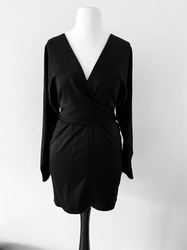 Asos Design Size 4 Black Satin Feel Long Sleeve Dress