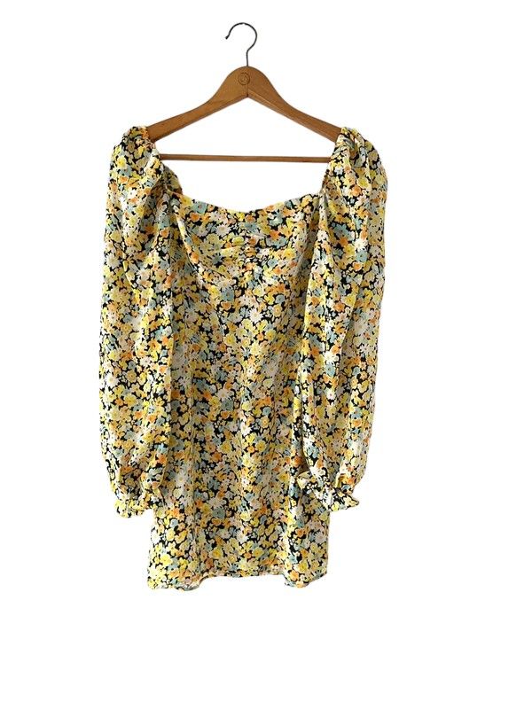 Boohoo size 10 yellow floral print long sleeve summer dress
