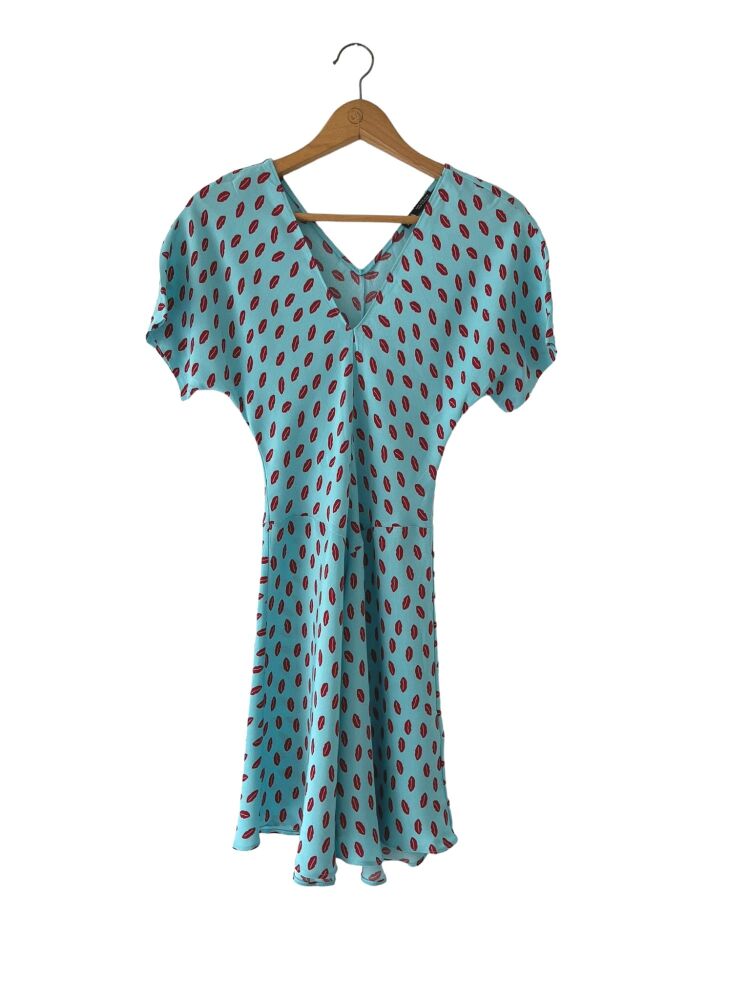 Zara Size s (UK 10) light blue lip print short sleeve dress
